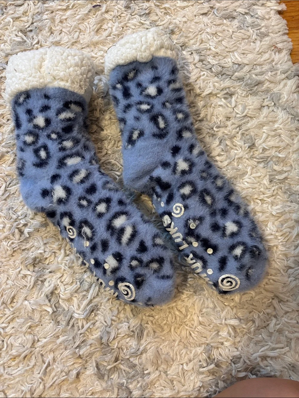 Cozy Blue Leopard Sherpa Lined Grip Socks